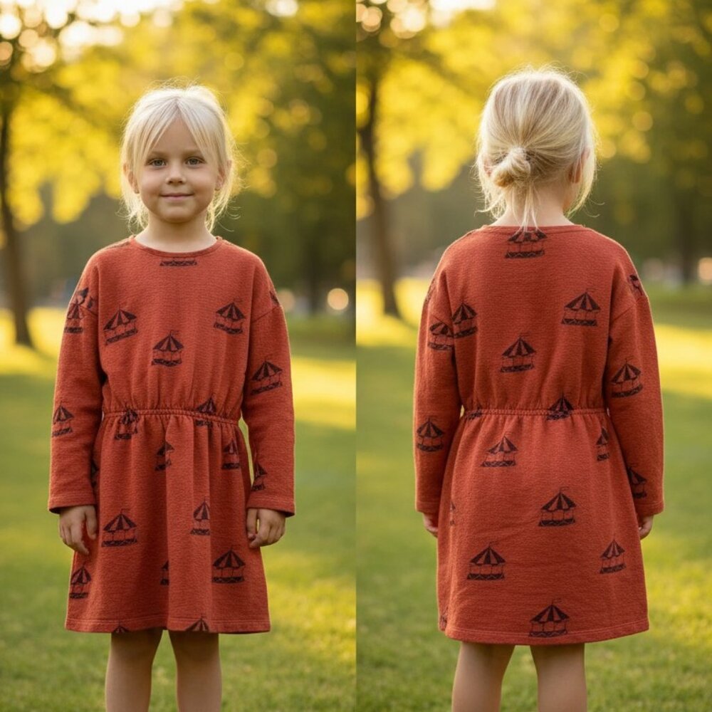 Sproet & Sprout Rust Red Sailboat Print Girls Dress 100% Cotton Long Sleeve Elas
